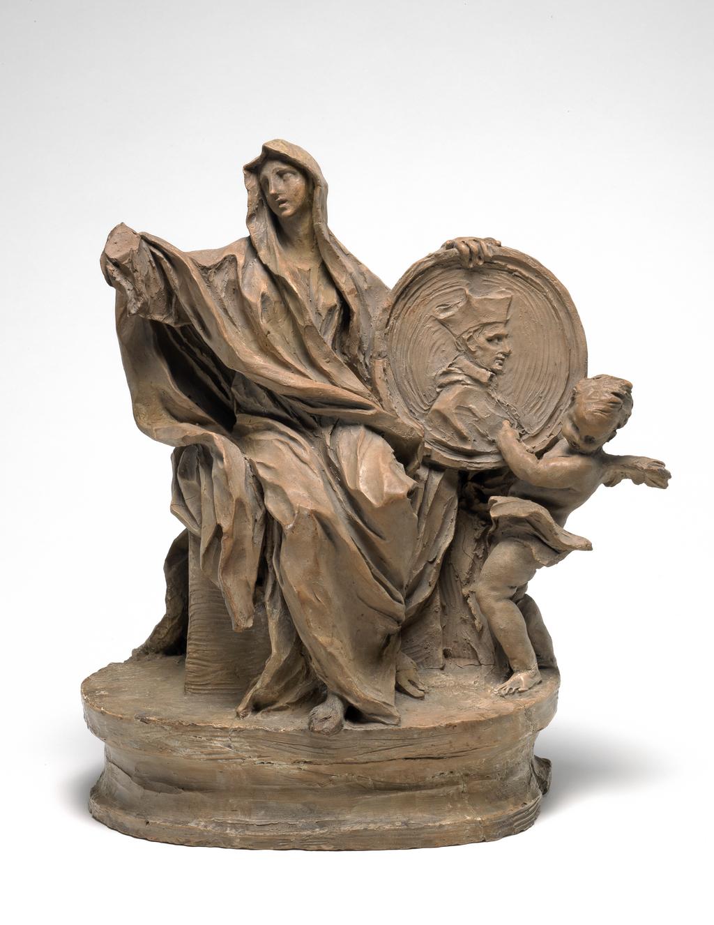 An image of Ferrata, Ercole, Cafà, Melchiorre. Bozzetto for the Monument to Cardinal Lelio Falconieri (d. 1648) in the tribuna of S.Giovanni dei Fiorentini, Rome. Sculpture. Terracotta, hand modelled and tooled. After 1660 to 1667. Baroque.