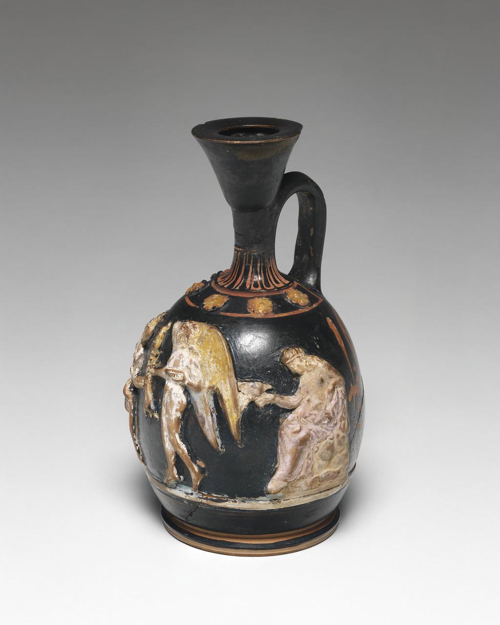 An image of Vessel. Squat lekythos, with Aphrodite, Eros and bride. Find Spot: Panticapaion, Crimea, Russia. Production Place: Athens. Clay, red-figured, height 0.135 m, diameter 0.07 m, 390 BC. Classical Greek Period. Lewis Collection.