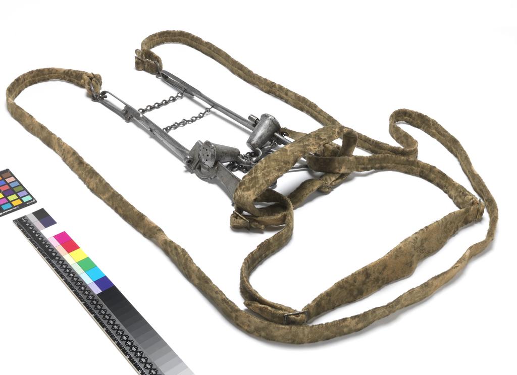 An image of Armour. Bridle component. Steel bit, with original bridle and reins covered with yellow velvet. Unknown production, Germany. Circa 1500-1550. POST-CONSERVATION.