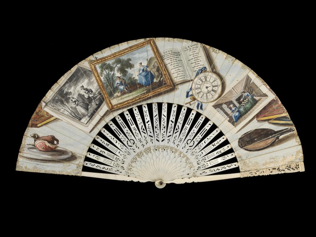 An image of Folding Fan. Trompe l'oeil fan. Unidentified maker. Front: Painted overall with a trompe l'oeil design comprising from left to right: a leg of ham on a dish; a dog; part of a book; a print, painted en grisaille with a man playing bagpipes to the music of which a woman is dancing and playing castanets, signed 'Jno Faber fecit 1757'; a framed, coloured landscape in which a woman is dancing to the music of a violin played by a man seated under a tree; an open book inscribed DONN QUICKSOTT; a watch inscribed '-(J)EWELL' and 'LONDON'; a coloured picture of a man and woman playing draughts in a panelled room; two books and the sound box end of a lute. The edges have borders of gold vine. Reverse: Painted in blue, yellow, black and brown, three closed books, an open book of music, a sheet of music and a flute, surrounded by scrolls. Sticks: The lower part of each stick is shaped, the upper part is straight and tapering and pierced by simple geometrical and plant motifs. Where the shaping ends there is a band of gilt plant ornament. Single leaf of skin? painted in gouache and gilt. Sticks of bone, shaped, pierced and gilt; guards of pierced, carved and gilt bone (21+2). Rivet set with garnet pastes, length, guards, 25.7 cm, 1757. English.