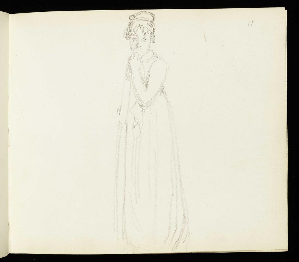 An image of Study of standing girl with hand to mouth. Flaxman, John (British, 1755-1826). Volume of Graphite Portraits. Sketchbook with marbled end boards and brown leather spine. Graphite on paper, height (leaf) 178 mm, width 210 mm; height (cover board) 184 mm, width 218 mm, 1801.