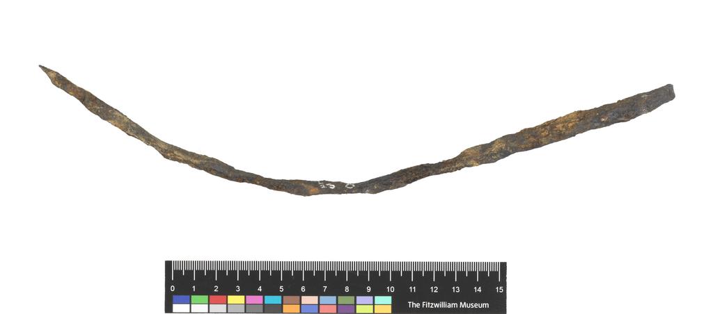 An image of Equipment. Utensil. Spit, used as money. Find Spot: Temple of Artemis Orthia, Sparta, Greece. Depth 0.008 m, width 0.3 m.