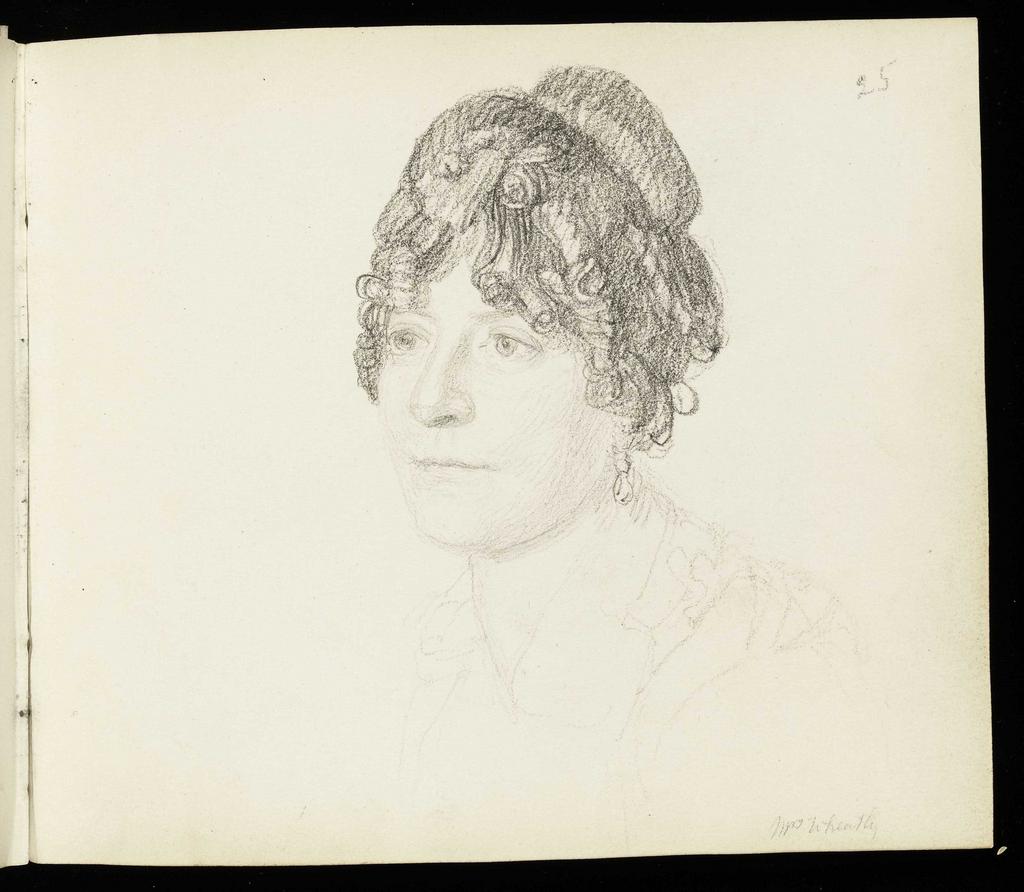An image of Head of Woman Three-Quarters to Left. Flaxman, John (British, 1755-1826). Volume of Graphite Portraits. Sketchbook with marbled end boards and brown leather spine. Graphite on paper, height (leaf) 178 mm, width 210 mm; height (cover board) 184 mm, width 218 mm, 1801.