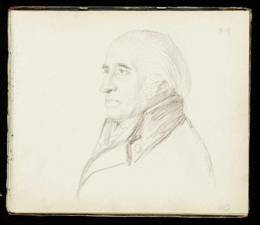 An image of Sketch of Benjamin West 3/4 to Left. Flaxman, John (British, 1755-1826). Volume of Graphite Portraits. Sketchbook with marbled end boards and brown leather spine. Graphite on paper, height (leaf) 178 mm, width 210 mm; height (cover board) 184 mm, width 218 mm, 1801.