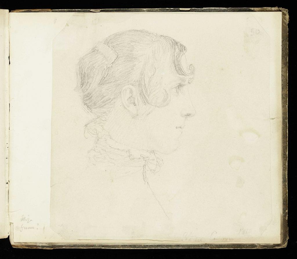 An image of Profile to Right of Woman. Flaxman, John (British, 1755-1826). Volume of Graphite Portraits. Sketchbook with marbled end boards and brown leather spine. Graphite on paper, height (leaf) 178 mm, width 210 mm; height (cover board) 184 mm, width 218 mm, 1801.
