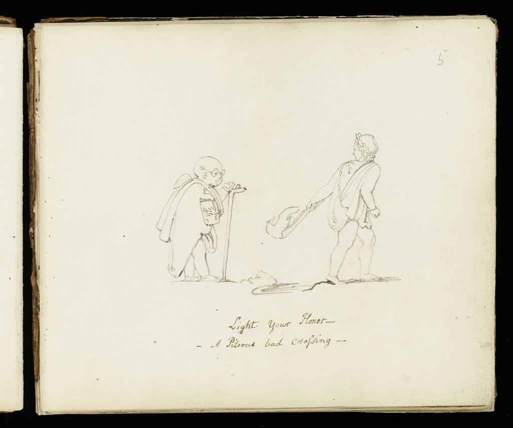 An image of Two figures, one wearing spectacles, leaning on a crutch, carrying a book, the other carrying a torch and wearing a laurel wreath. Flaxman, John (British, 1755-1826). Volume of Graphite Portraits. Sketchbook with marbled end boards and brown leather spine. Graphite on paper, height (leaf) 178 mm, width 210 mm; height (cover board) 184 mm, width 218 mm, 1801.