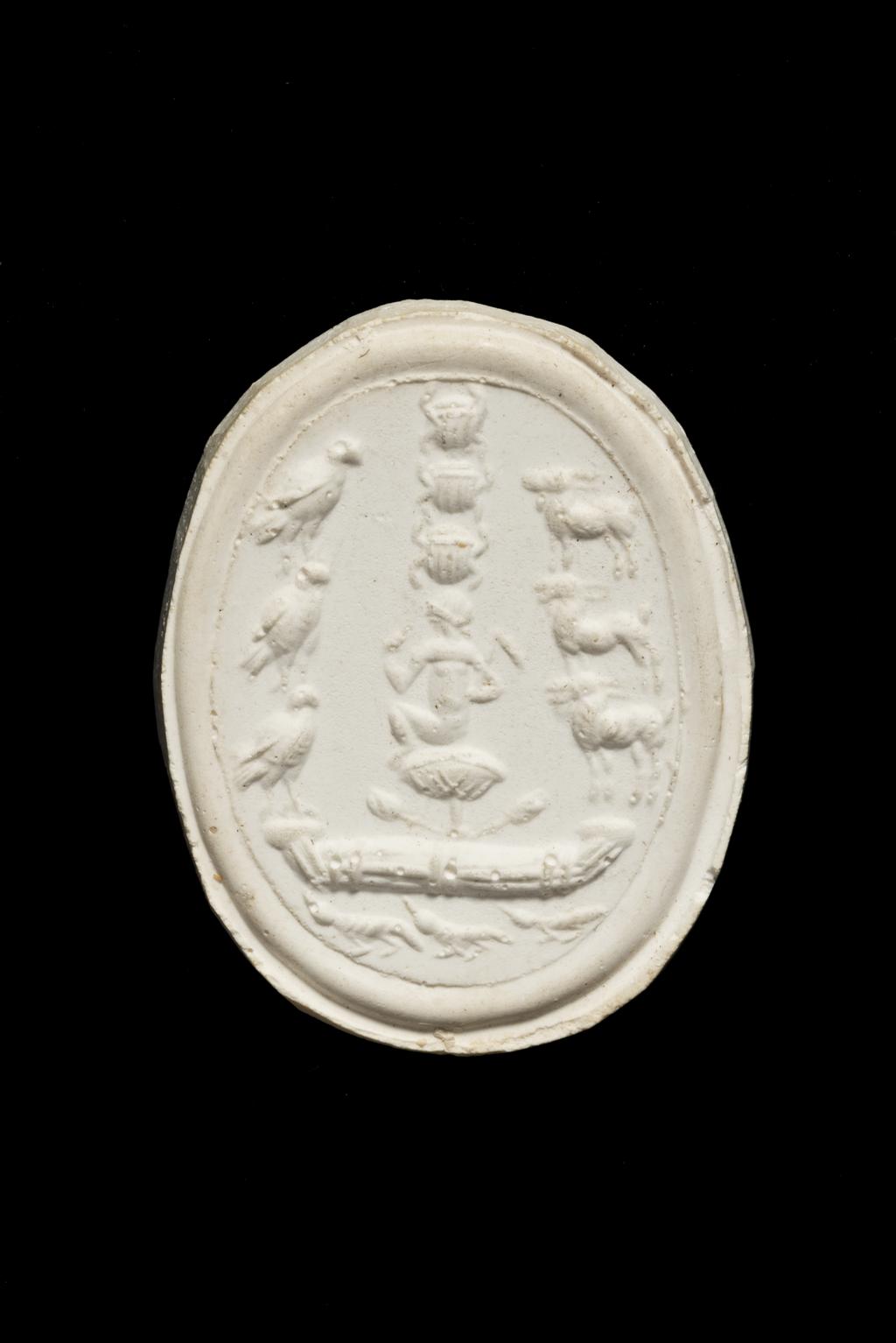 An image of Engraved gems. Magical amulet. Obverse: Horus. Reverse: Inscription. Intaglio cutting, jasper, 201-300 AD. Roman.