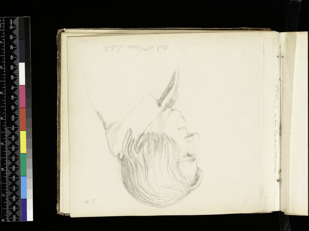 An image of Removed page: inscription on stub. Also showing 33: Head of a Man in Profile to Left. Flaxman, John (British, 1755-1826). Volume of Graphite Portraits. Sketchbook with marbled end boards and brown leather spine. Graphite on paper, height (leaf) 178 mm, width 210 mm; height (cover board) 184 mm, width 218 mm, 1801.