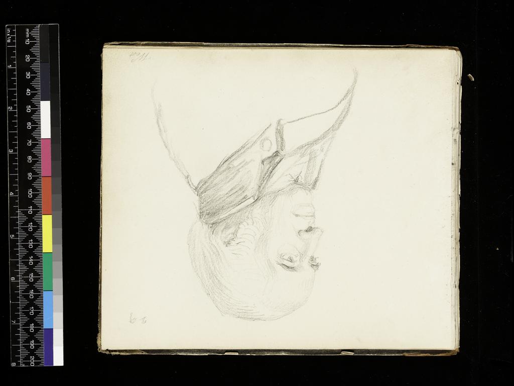 An image of Sketch of Benjamin West 3/4 to Left. Flaxman, John (British, 1755-1826). Volume of Graphite Portraits. Sketchbook with marbled end boards and brown leather spine. Graphite on paper, height (leaf) 178 mm, width 210 mm; height (cover board) 184 mm, width 218 mm, 1801.