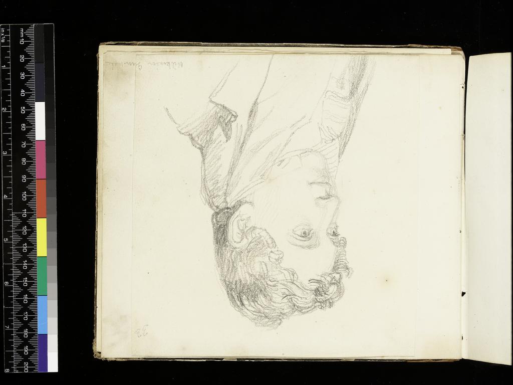 An image of Head of a Young Man. Flaxman, John (British, 1755-1826). Volume of Graphite Portraits. Sketchbook with marbled end boards and brown leather spine. Graphite on paper, height (leaf) 178 mm, width 210 mm; height (cover board) 184 mm, width 218 mm, 1801.