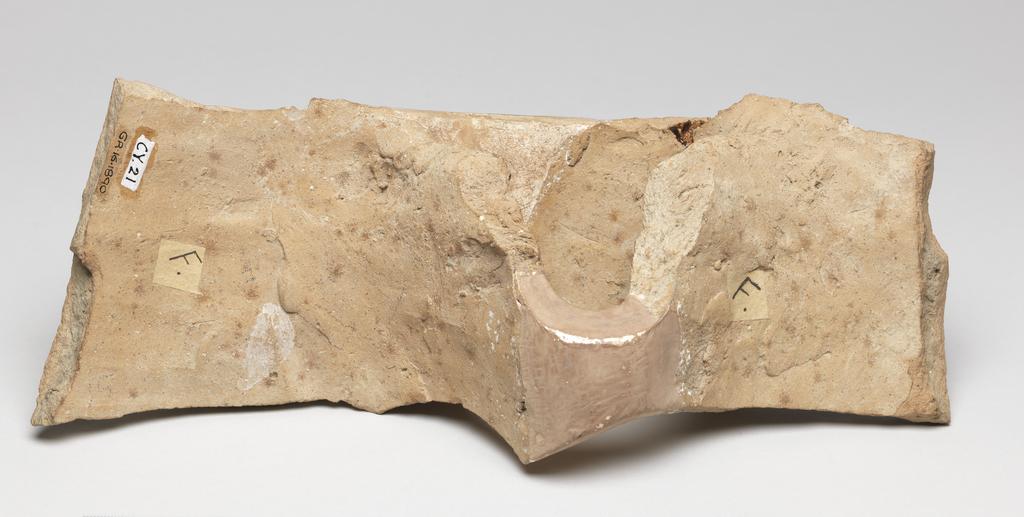 An image of Figure/Statue fragment. Fragment of male statue. Production Place: Cyprus. Find Spot: Salamis, Temple of Apollo, Cyprus. Clay, moulded, height 0.11 m, width 0.288 m, 600-501 B.C. Archaic Period.
