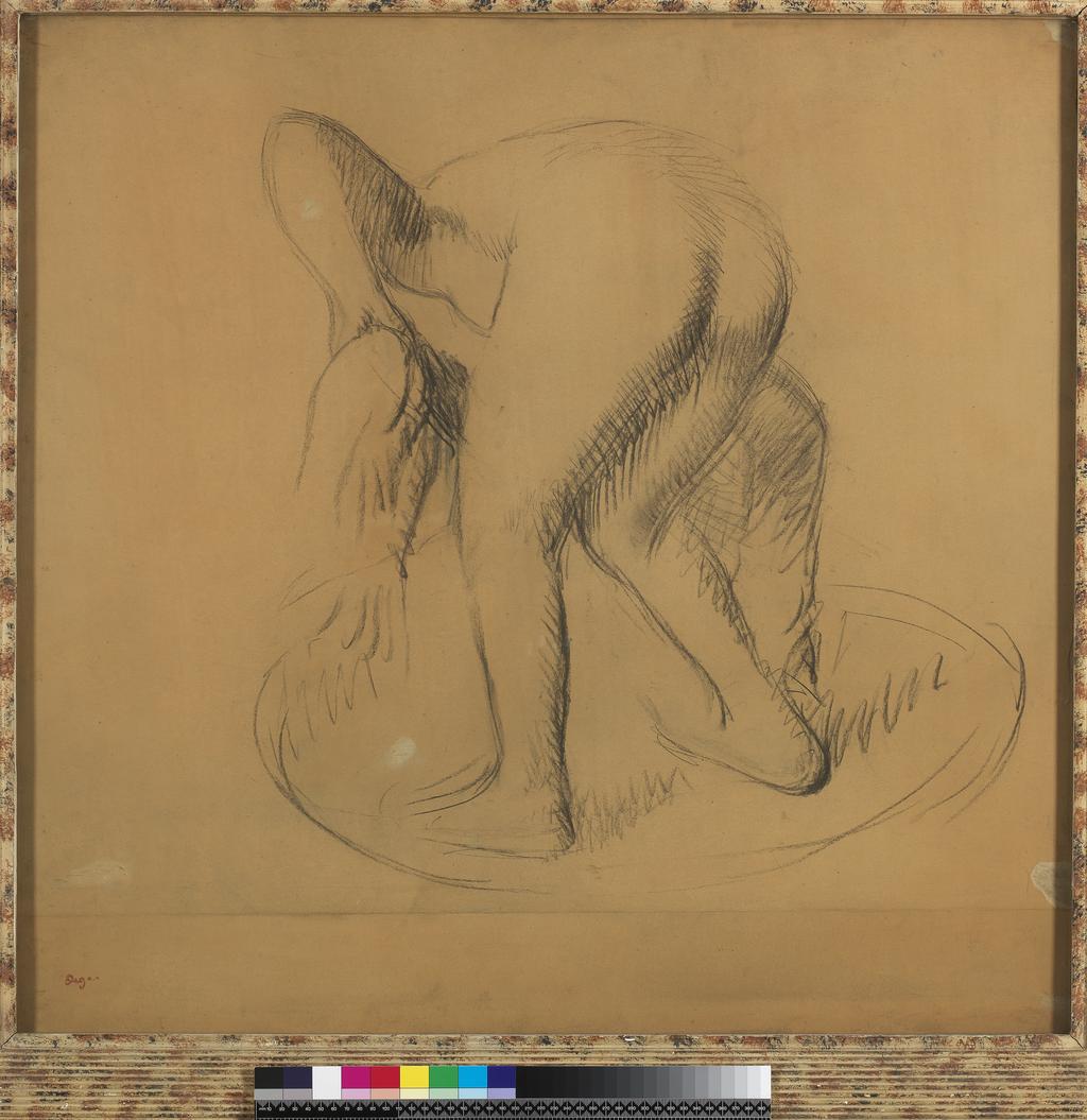 An image of Femmes nue s’essuyant. Nude Woman Drying her Neck. Degas, Edgar (French, 1834–1917). Charcoal on tracing paper, sheet: 31 1/4 x 30 in. (793 x 762 mm),  circa 1900. On loan from King's College, Cambridge. Keynes Collection. TL49.2011.2.