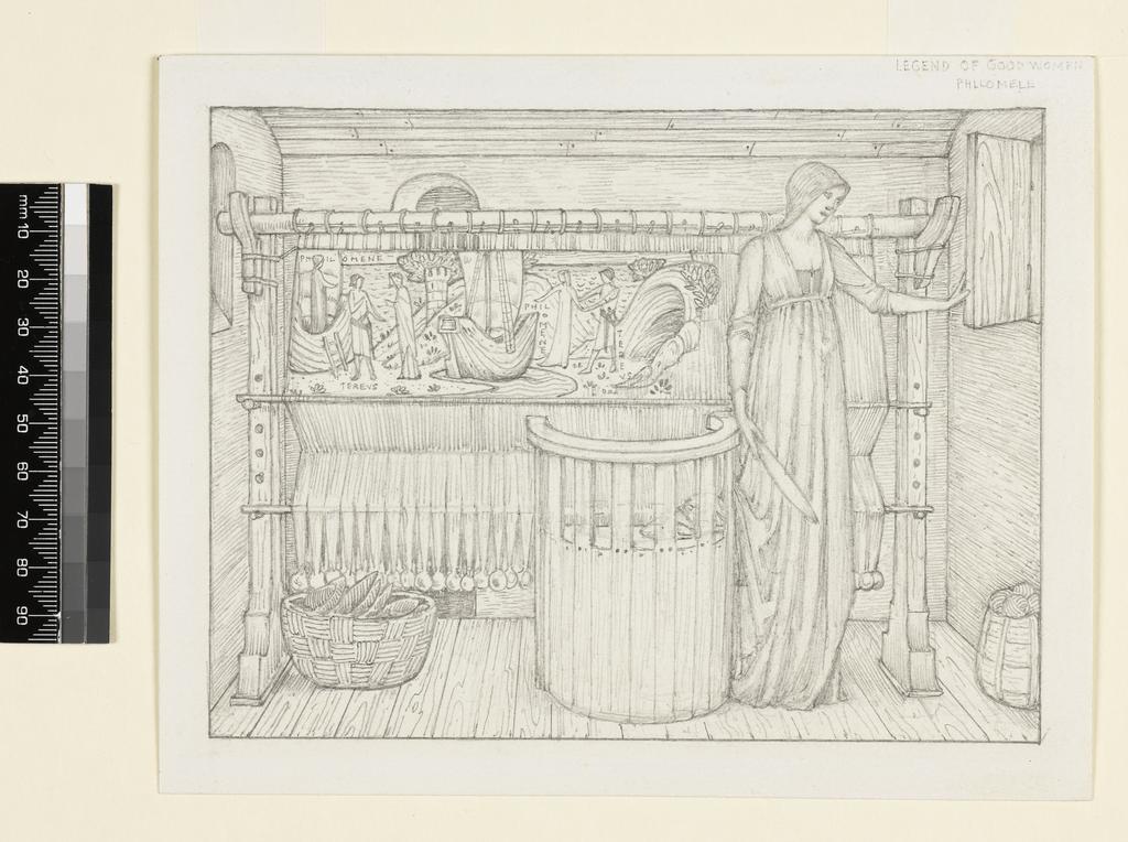 An image of Legend of Good Women: Philomene at the loom. For page 441 of the Kelmscott Chaucer. Burne-Jones, Edward (British, 1833-1898). Graphite within drawn graphite border on paper, height, drawn area, 130 mm, width, drawn area, 172 mm; height, support, 154 mm, width, support, 193 mm.