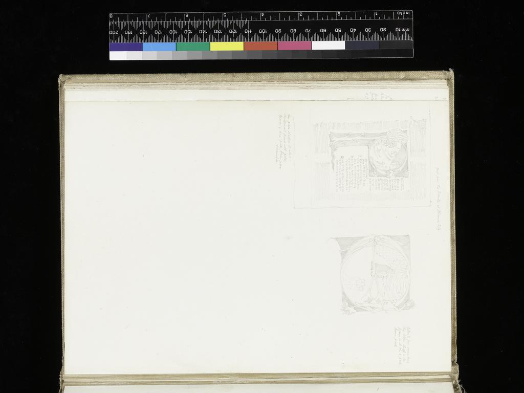 An image of Sketchbook. Recto: Sketch of window and balcony; centre right, sketch of two manuscript pages; lower centre, sketch of a beast with a lion's head, a goat's head and a snake's (?) head attached to a single body. Verso: Left, sketch of manuscript leaf with a letter 'P' surrounded by illustration; right, sketch of an illustrated 'E'. Burne-Jones, Edward (British, 1833-1898). Coverboards covered with white linen. Front cover has horizontal slits at the upper and lower right sides. Off-white paper. Collocation: each sheet is separately taped to the binding; there are 28ff and a single beige sheet on either side of these. Front and back leaves are blank, recto and verso. Height, sheet size, 179 mm, width, sheet size, 254, mm, 1873.