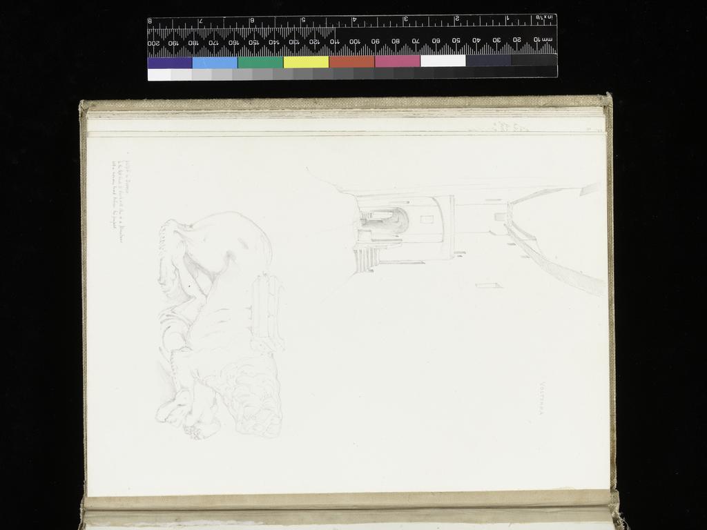 An image of Sketchbook. Recto: Top, sketch of the city as seen in the distance; below, view down a narrow city street lined with buildings. Verso: Upper left, view down city street with an archway at its end; below, sketch of a tiger(?) holding down a man with its front paws. Burne-Jones, Edward (British, 1833-1898). Coverboards covered with white linen. Front cover has horizontal slits at the upper and lower right sides. Off-white paper. Collocation: each sheet is separately taped to the binding; there are 28ff and a single beige sheet on either side of these. Front and back leaves are blank, recto and verso. Height, sheet size, 179 mm, width, sheet size, 254, mm, 1873.