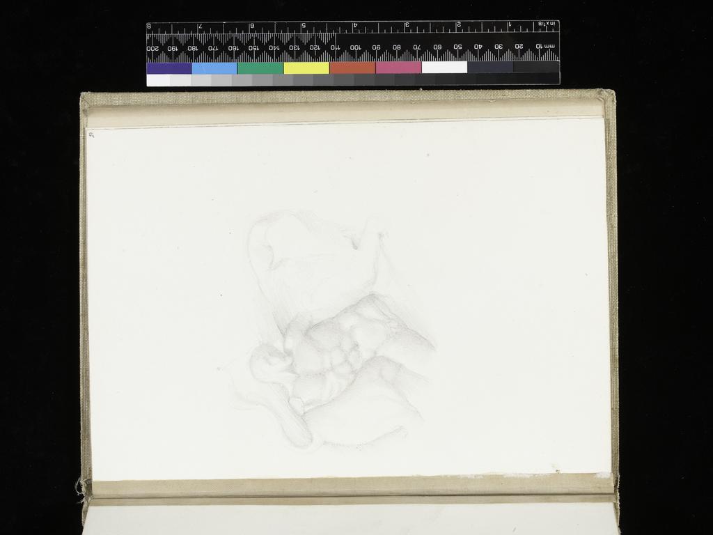 An image of Sketchbook. Recto: Nude male figure (?)fighting a bull. Verso: Blank. Burne-Jones, Edward (British, 1833-1898). Coverboards covered with white linen. Front cover has horizontal slits at the upper and lower right sides. Off-white paper. Collocation: each sheet is separately taped to the binding; there are 28ff and a single beige sheet on either side of these. Front and back leaves are blank, recto and verso. Height, sheet size, 179 mm, width, sheet size, 254, mm, 1873.