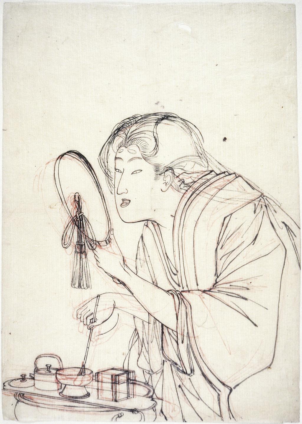 An image of A woman applying make-up. Yoshitoshi, Tsukioka (Japanese, 1839-1892). Red and black ink, 1800-1900. 