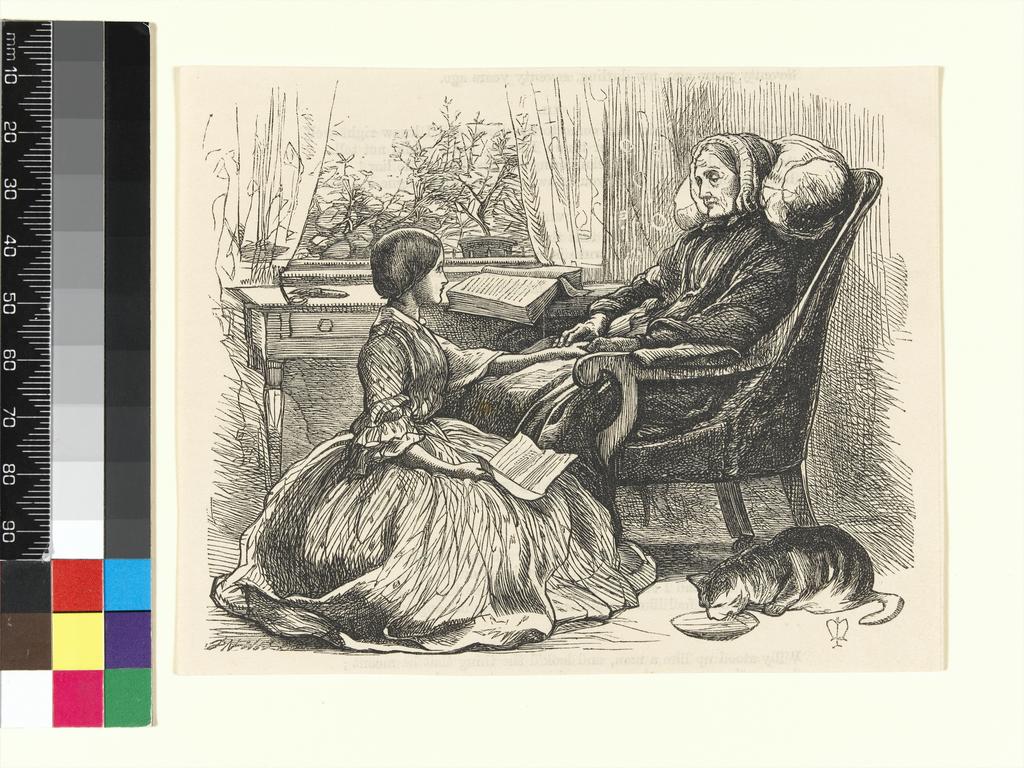 An image of Title/s: The Grandmother's ApologyMaker/s: Millais, John Everett (designer) British artist, 1829-1896Dalziel family (printmaker) British engravers, 19th c.Production Notes : Cut from Once a Week, 16 July 1859, illustration to poem by Tennyson, p.41.Technique/s: wood engravingMaterial/s : black carbon ink (Medium) , paper (Support) Dimensions: height: 106 mm, width: 133 mmDate: 1859-07-16 