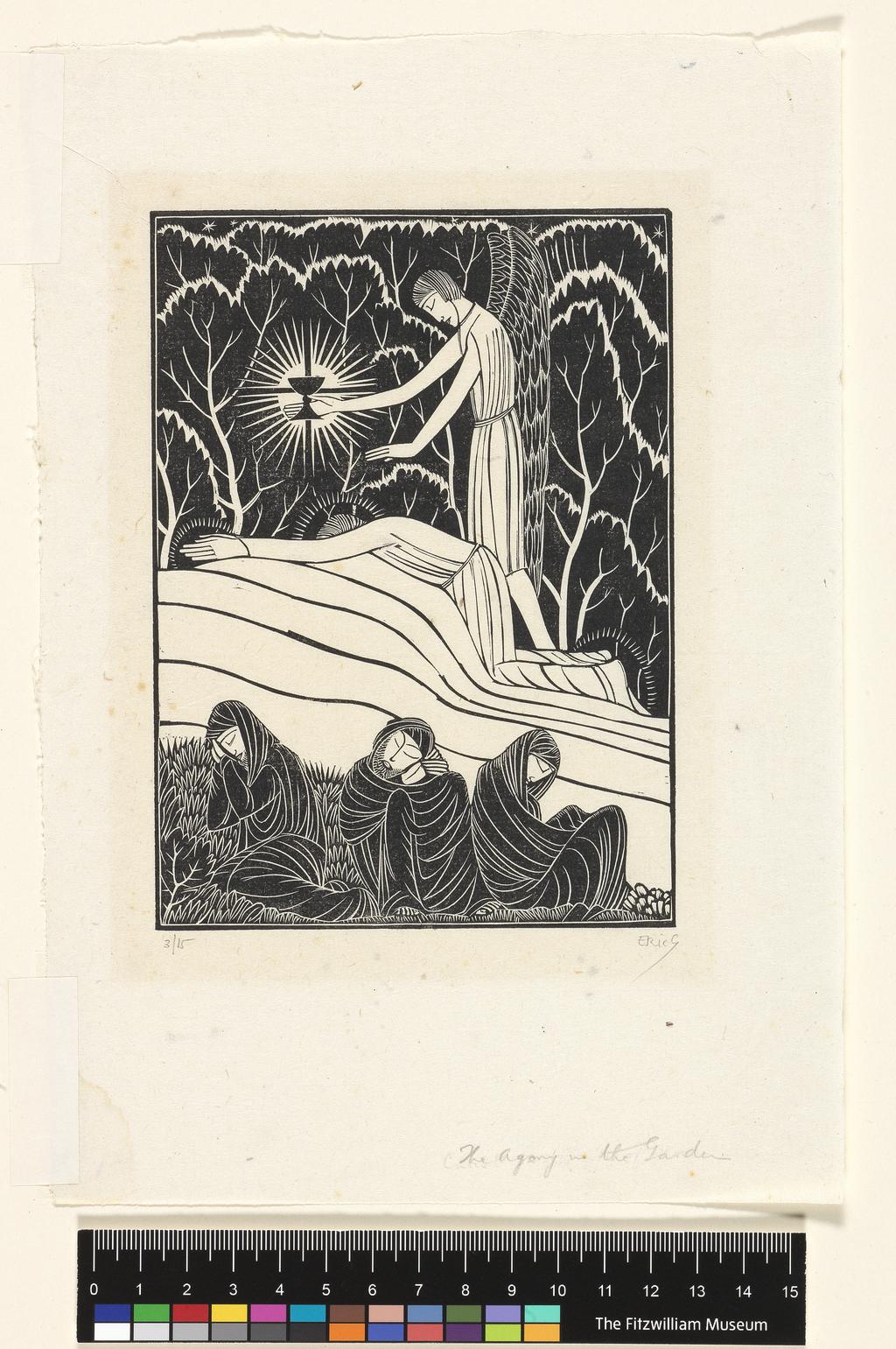An image of The Agony in the Garden. Passio Domini Nostri Jesu Christi. Gill, Eric, printmaker (British, 1882-1940). Golden Cockerel Press, publisher. Wood engraving, black carbon ink on paper, height, image, 155 mm, width, image, 112 mm; height, sheet, 256 mm, width, sheet, 172 mm, 1926. Production Note(s): 3/15. Proof of an illustration on page 4 to Passio Domini Nostri Jesu Christi, No. 35 of the publications of the Golden Cockerel Press, Waltham St. Lawrence, Berkshire, 1926.
