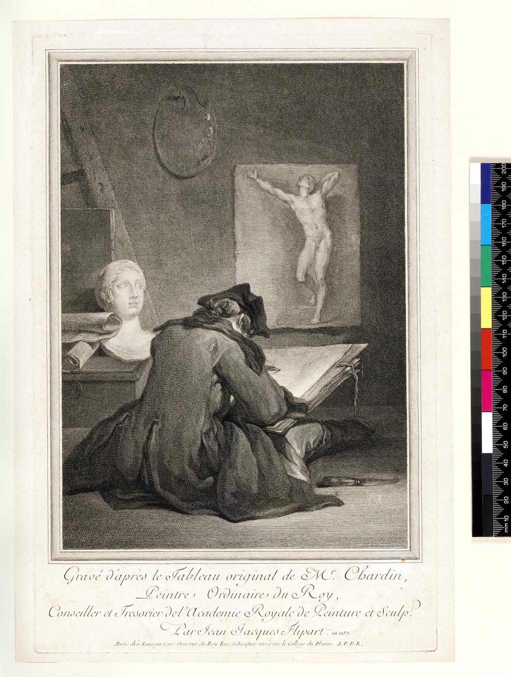 An image of Le Dessinateur. Flipart, Jean Jacques (printmaker). After Chardin, Jean Baptiste Siméon. Cars, Laurent (publisher). Etching, engraving. Announced in the 'Mercure de France' December 1757.