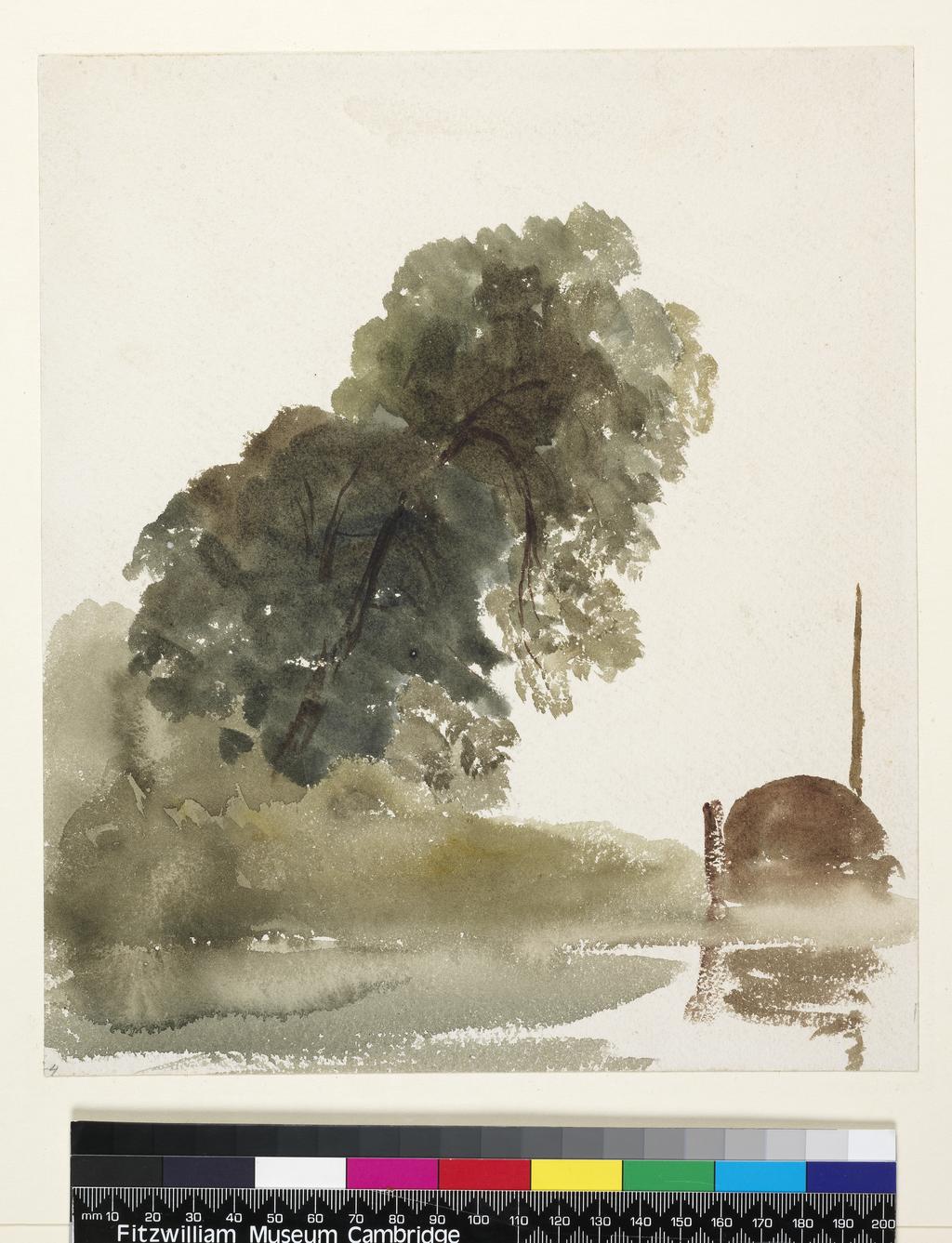 An image of Recto: Sketch of a tree and the hull of a boat at mooring. Verso: A lobster pot. De Wint, Peter (British, 1784-1849). Recto: watercolour. Verso: brown wash on paper. Height 253 mm, width 216 mm.