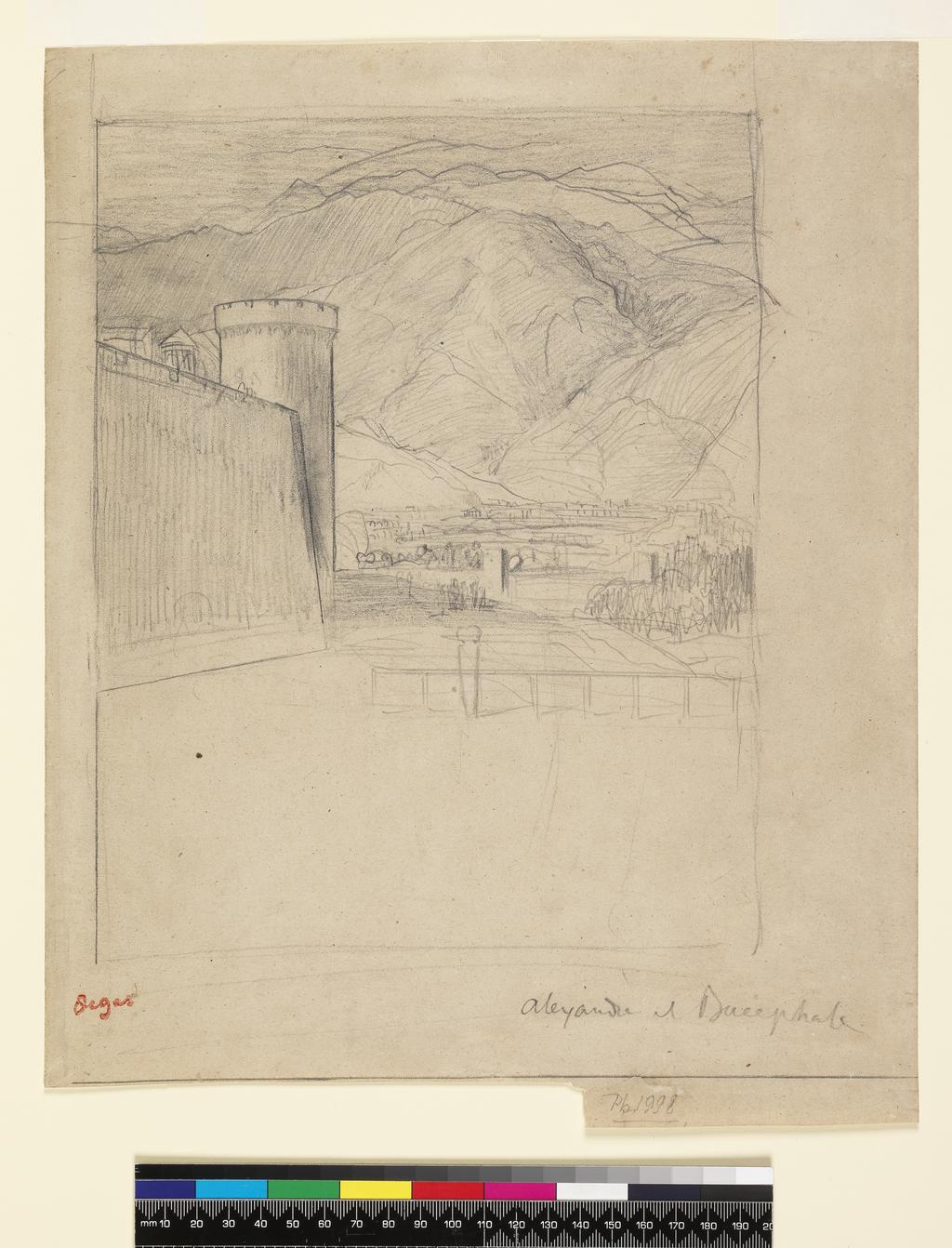 An image of Study for the landscape background of Alexander and Bucephalus. Degas, Edgar (French, 1834-1917). Graphite on paper, height 340 mm, width 274 mm.