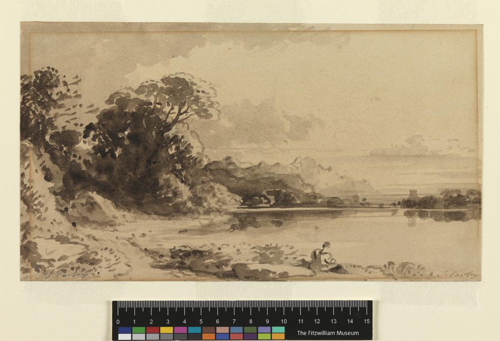An image of Lake scene. Varley, John (British, 1778-1842). In the foreground, a girl sits at the water's edge. Brown wash, watercolour, on paper, circa 1836-circa 1839. Acquisition Credit: Sir Ivor and Lady Batchelor Bequest.