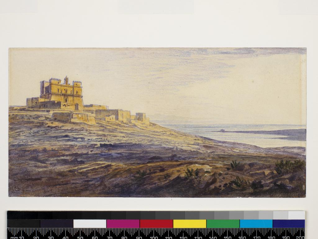An image of Selmun Palace, Malta. Lear, Edward (British, 1812-1888). Watercolour with pen and brown ink, height 103 mm, width 203 mm, 19th Century.
