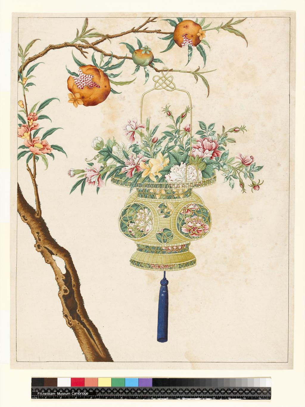 An image of Flowers in a lantern which hangs from the branch of a fruit tree. Bodycolour on paper, height 596 mm, width 473 mm, circa 1820. Chinese.