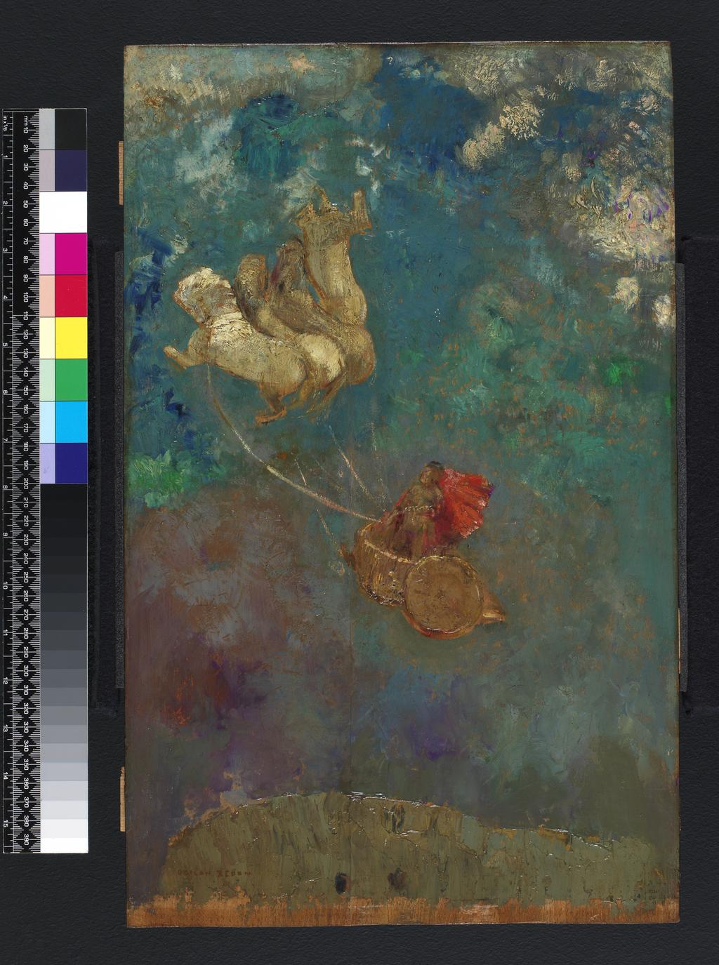 An image of Le Char d' Apollon. Translated title: The Chariot of Apollo. Redon, Odilon (French, 1840-1916). Oil on panel, height 476 mm, width 299 mm, 1907-1910.