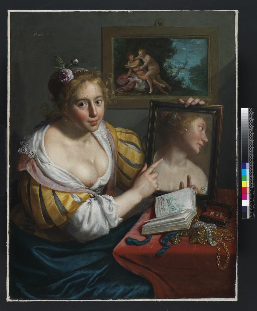 An image of A girl with a mirror, an allegory of Profane Love. Moreelse, Paulus (Dutch, 1571-1638). Oil on canvas, height 105.5 cm, width 83 cm, 1627.