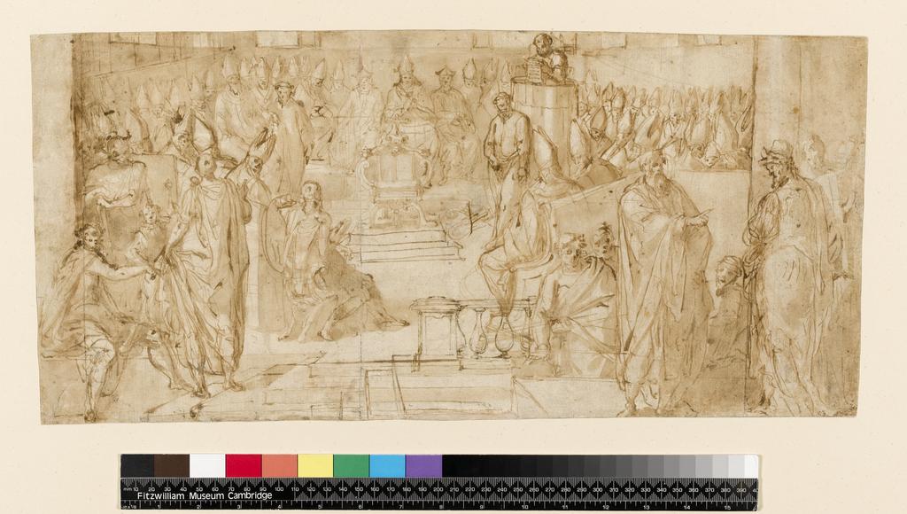 An image of Title/s: The Council of Nicaea (recto title) 
Maker/s: Nebbia, Cesare (draughtsman) [ULAN info: Italian artist, c.1536-c.1614]
Production Notes: The drawing is an early study for the fresco dateable 1588-89 in the Salone Sistino in the Vatican Library 
Technique Description: recto: pen and brown ink, brown wash, over traces of black chalk, on three sheets of paper, joined together
Dimensions: height: 245 mm, width: 528 mm
 

 
