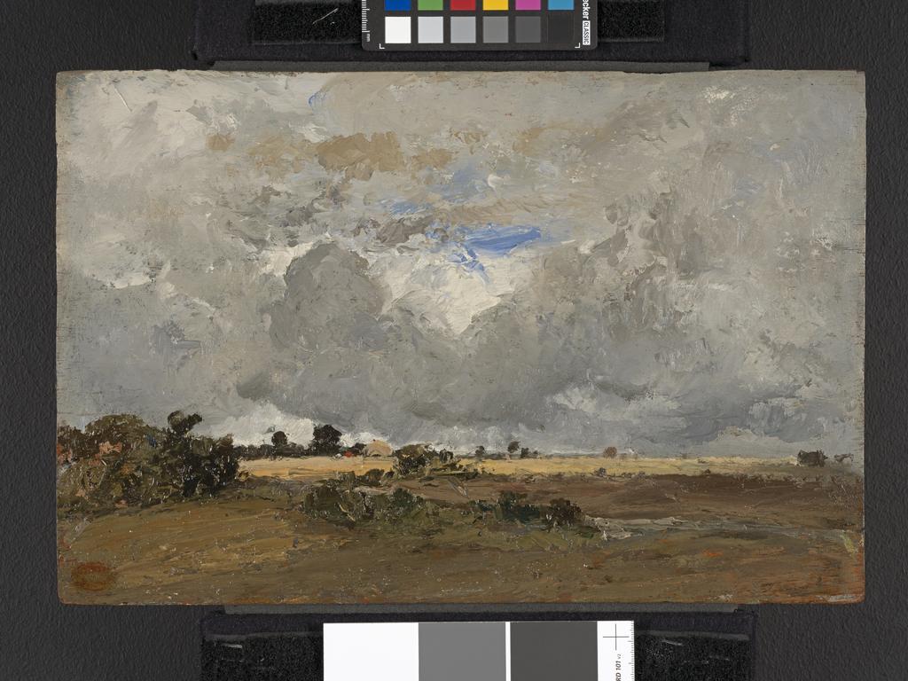 An image of Landscape. Troyon, Constant (French, 1810-1865). Oil on panel, height 24.5 cm, width 37 cm. Acquisition Credit: Given by Julia Crookenden and Michael Jaye, in memory of Major-General George Crookenden and Mrs Angela Crookenden, through Cambridge in America.