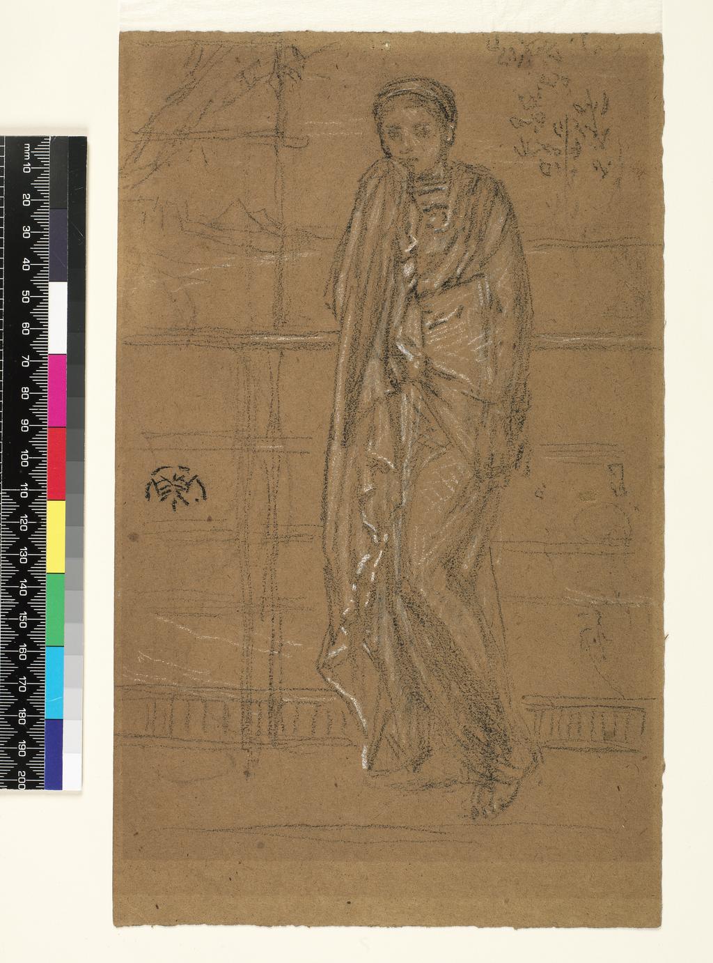 An image of Recto: Study of a standing, draped female figure, hand at chin. Verso: Study for Morning Glories. Whistler, James Abbott McNeill (American, 1834-1903). Black and white chalk with pastel on brown paper, 1871-1873.