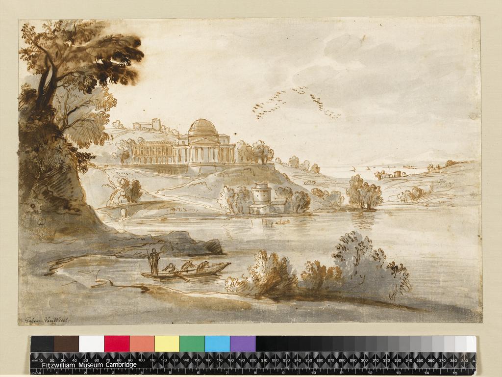 An image of Title/s: An Italian landscape with classical buildings Maker/s: Wittel, Gaspar van (draughtsman) [ULAN info: 1652/1653-13.IX.1736; Artist, Painter, Napoli, Roma]Technique Description: pen, brown ink and brown wash, on paper Dimensions: height: 278 mm, width: 416 mm