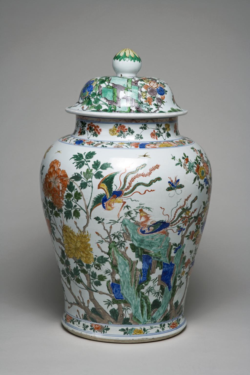 An image of C.17.1 & A-1948: Vase and Cover from a Garniture of Five Vases. Hard-paste porcelain, painted overglaze in enamels in the famille verte palette, and gilt, height 80 cm 1680-1720. Chinese. Kangxi Period (1662-1722). Qing Dynasty (1644-1912). Given by Anthony de Rothschild through the National Art Collections Fund.C.17.2 & A-1948: Vase and Cover from a Garniture of Five Vases. Hard-paste porcelain, painted overglaze in enamels in the famille verte palette, and gilt, height 81.5 cm 1680-1720. Chinese. Kangxi Period (1662-1722). Qing Dynasty (1644-1912).C.17.3 & A-1948: Vase and Cover from a Garniture of Five Vases. Hard-paste porcelain, painted overglaze in enamels in the famille verte palette, and gilt, height 80 cm 1680-1720. Chinese. Kangxi Period (1662-1722). Qing Dynasty (1644-1912). Production Notes: Post-conservation. Acquisition Credit: Given by Anthony de Rothschild through the National Art Collections Fund.
