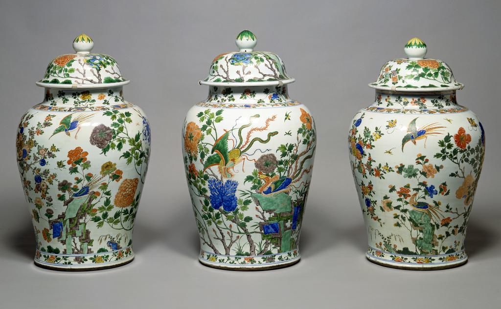 An image of C.17.1 & A-1948: Vase and Cover from a Garniture of Five Vases. Hard-paste porcelain, painted overglaze in enamels in the famille verte palette, and gilt, height 80 cm 1680-1720. Chinese. Kangxi Period (1662-1722). Qing Dynasty (1644-1912). Given by Anthony de Rothschild through the National Art Collections Fund.C.17.2 & A-1948: Vase and Cover from a Garniture of Five Vases. Hard-paste porcelain, painted overglaze in enamels in the famille verte palette, and gilt, height 81.5 cm 1680-1720. Chinese. Kangxi Period (1662-1722). Qing Dynasty (1644-1912).C.17.3 & A-1948: Vase and Cover from a Garniture of Five Vases. Hard-paste porcelain, painted overglaze in enamels in the famille verte palette, and gilt, height 80 cm 1680-1720. Chinese. Kangxi Period (1662-1722). Qing Dynasty (1644-1912). Production Notes: Post-conservation. Acquisition Credit: Given by Anthony de Rothschild through the National Art Collections Fund.