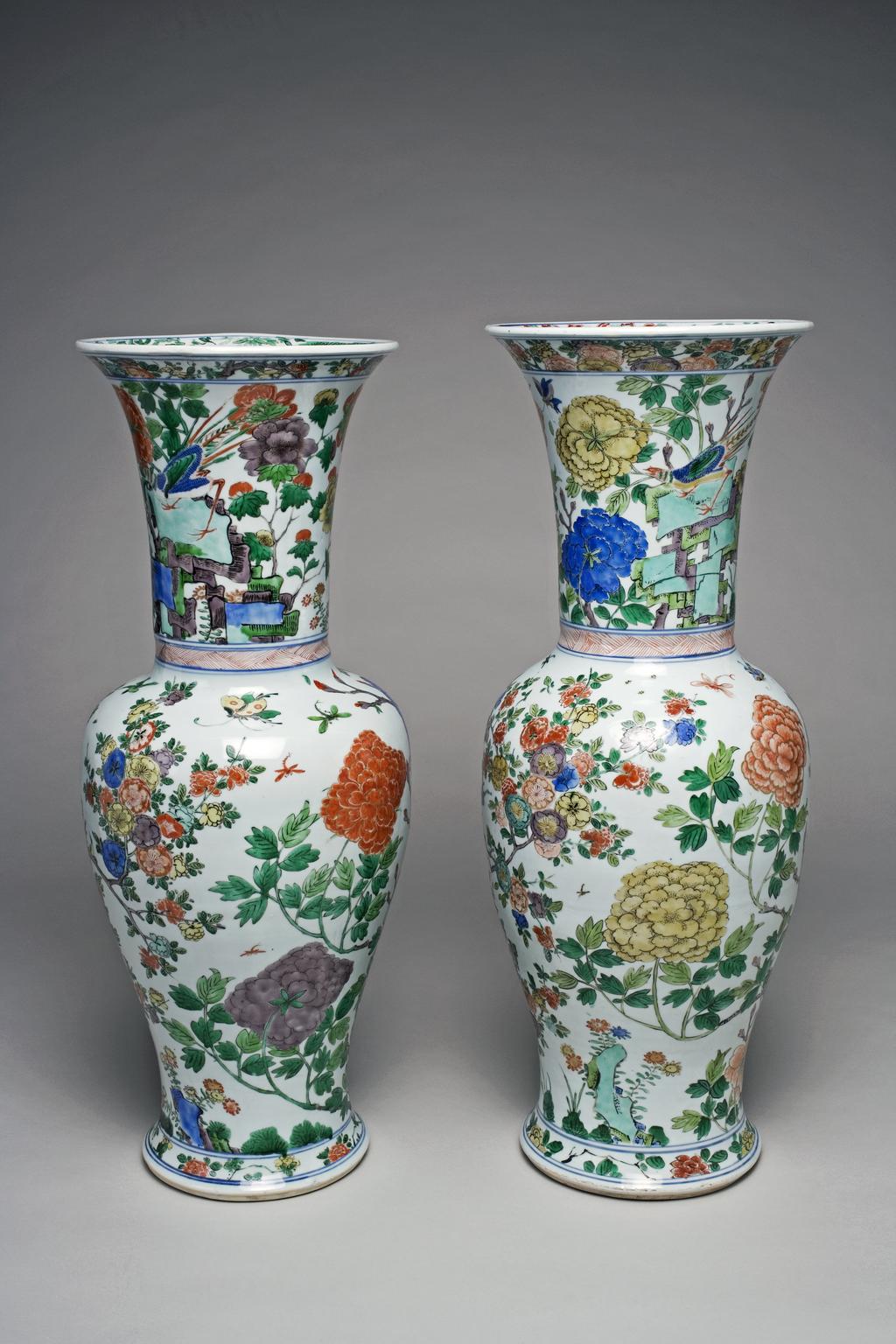 An image of Vase from a Garniture of Five Vases. Yan yan shape. Hard-paste porcelain, painted overglaze in enamels in the famille verte palette, and gilt, height 71 cm, 1680-1720. Chinese. Kangxi Period (1662-1722). Qing Dynasty (1644-1912). Production Notes: Post-conservation.