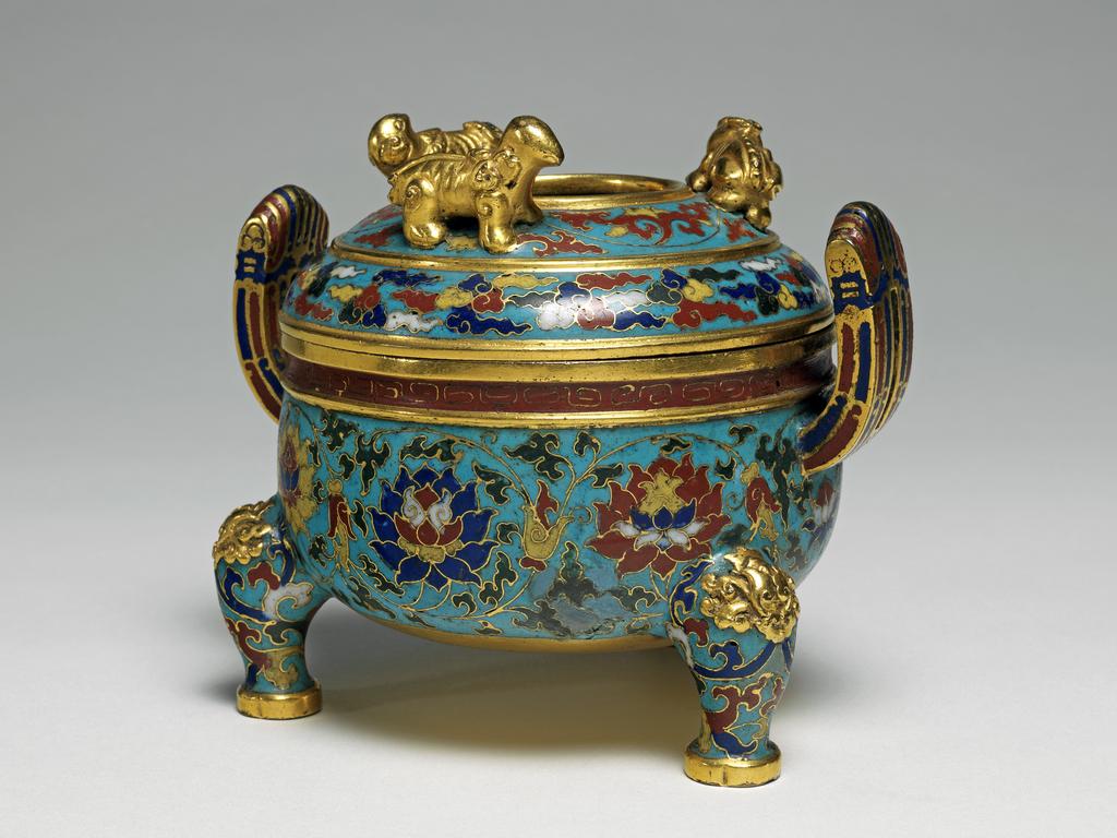 An image of Incense burner. Cloisonné enamel, 1400-1450. Chinese.