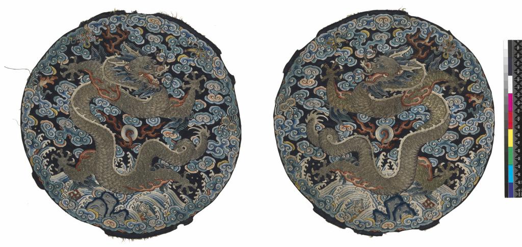 An image of Textiles. Roundel. Unknown maker, China. Five-clawed dragon on a background of waves and clouds, with six precious objects around perimeter. Silk and metal embroidery on satin; blue ground with polychrome embroidery - satin stitch, stem stitch, encroaching satin, seed stitch (Peking knot), with laid and couched work. Diameter, whole, 28 cm, circa 1750-circa 1775. Acquisition Credit: Given by Mrs. Soame Jenyns, in accordance with the wishes of her late husband, Soame Jenyns.