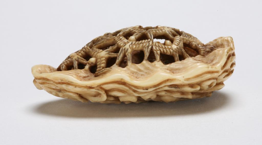 An image of Netsuke. A flock of swallows flying over a clam shell covered with nine barnacles. Unknown maker, Japan. Ivory, all the eyes are inlaid with horn.