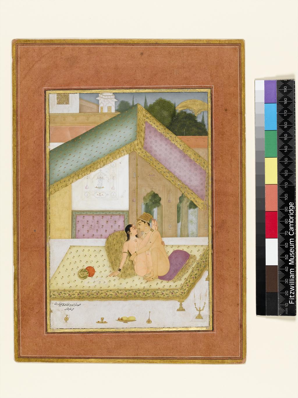 An image of The private pleasure of Prince Bedar Bakht, son of Emperor Muhammad Azim, by Gulam Qadir. Bodycolour including white, pen and ink with gold on paper, height 197mm, width 134mm, circa 1678.