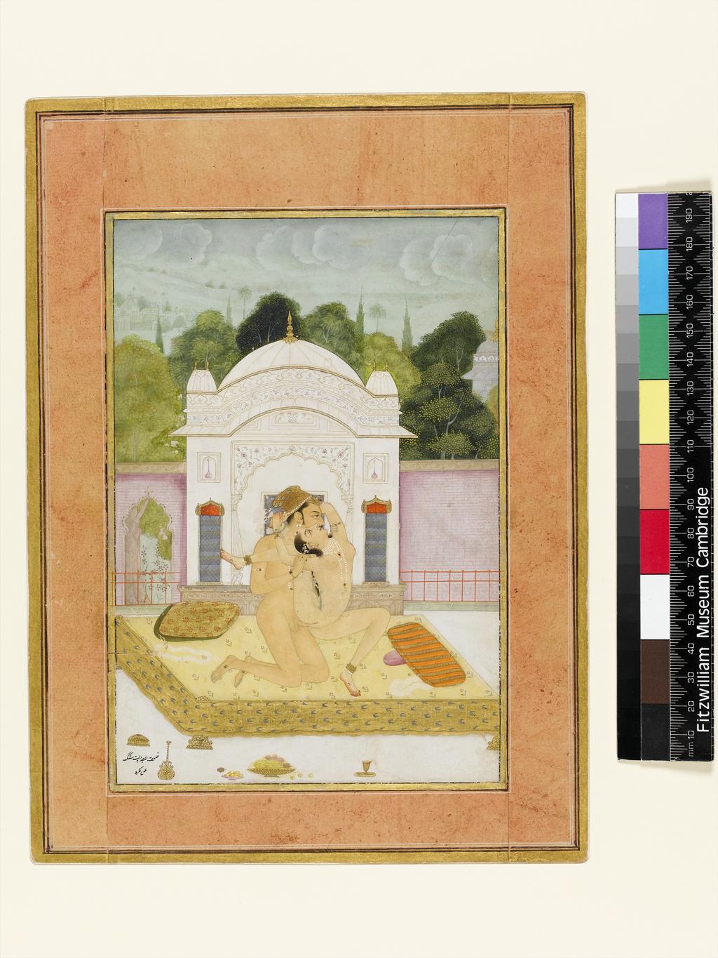 An image of The private pleasure of the Raja Dalpat Singh, by Lakroo. Bodycolour including white, pen and ink with gold on paper, height 197mm, width 134mm, circa 1678.