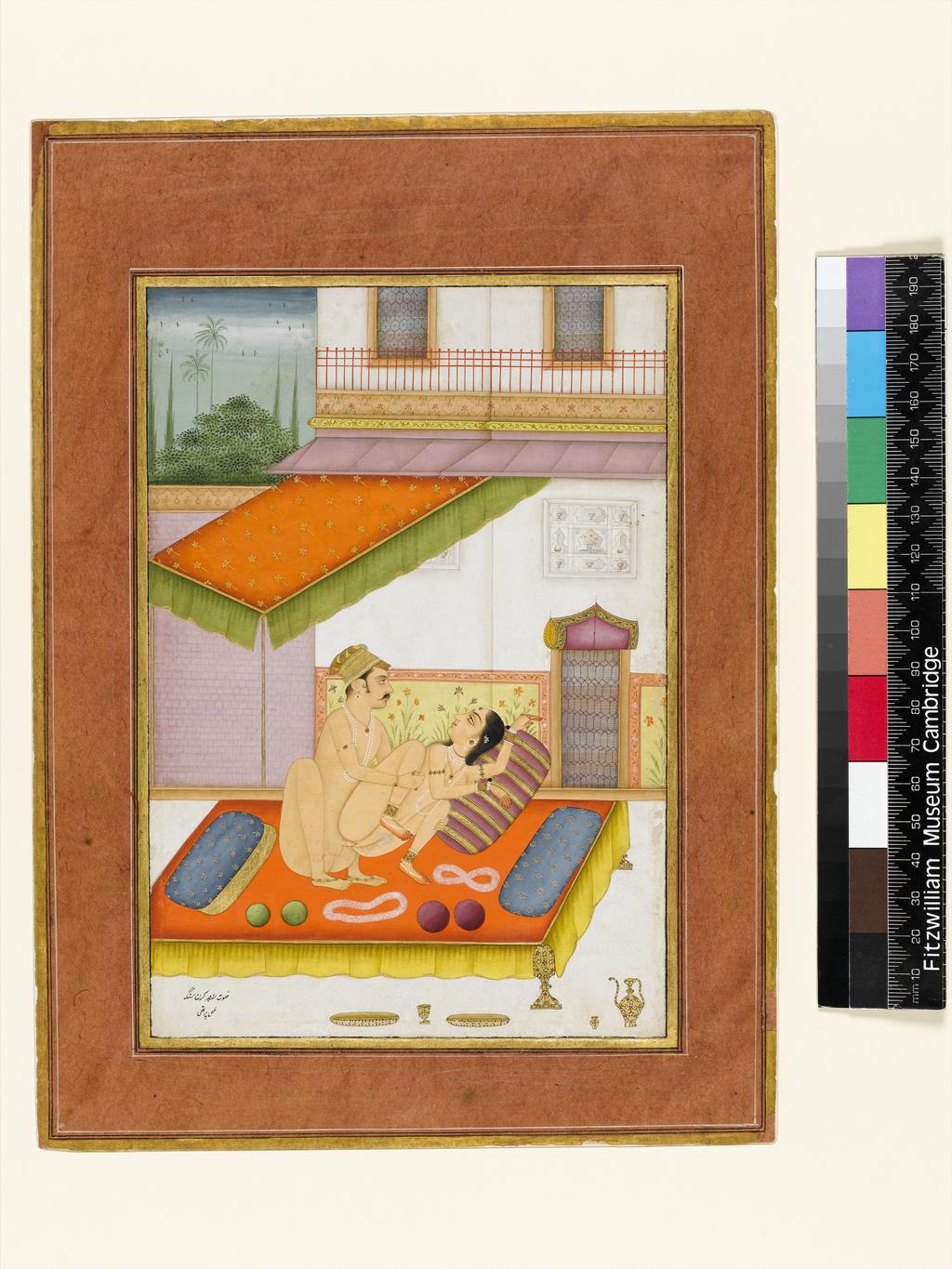 An image of The private pleasure of the Raja Karan, by Pirthi. Bodycolour including white, pen and ink with gold on paper, height 197mm, width 136mm, circa 1678.