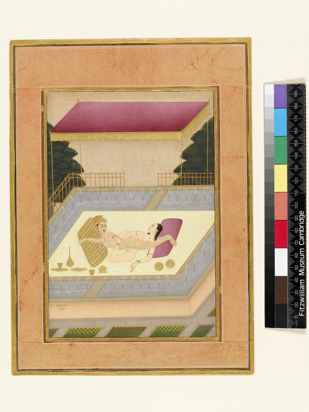 An image of The private pleasure of the Kunwar Meghraj Ji, by Lachmi Narain. Bodycolour including white, pen and ink with gold on paper, height 200mm, width 136mm, circa 1678.
