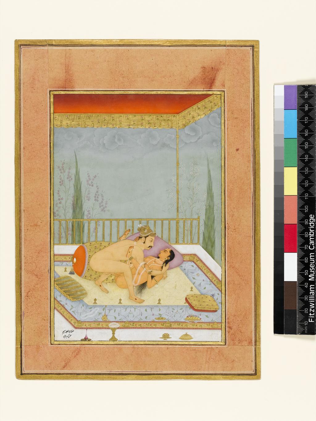 An image of The private pleasure of Maharaja Bhim by Govardhan. Bodycolour including white, pen and ink with gold on paper, height 196mm, width 132mm, circa 1678.