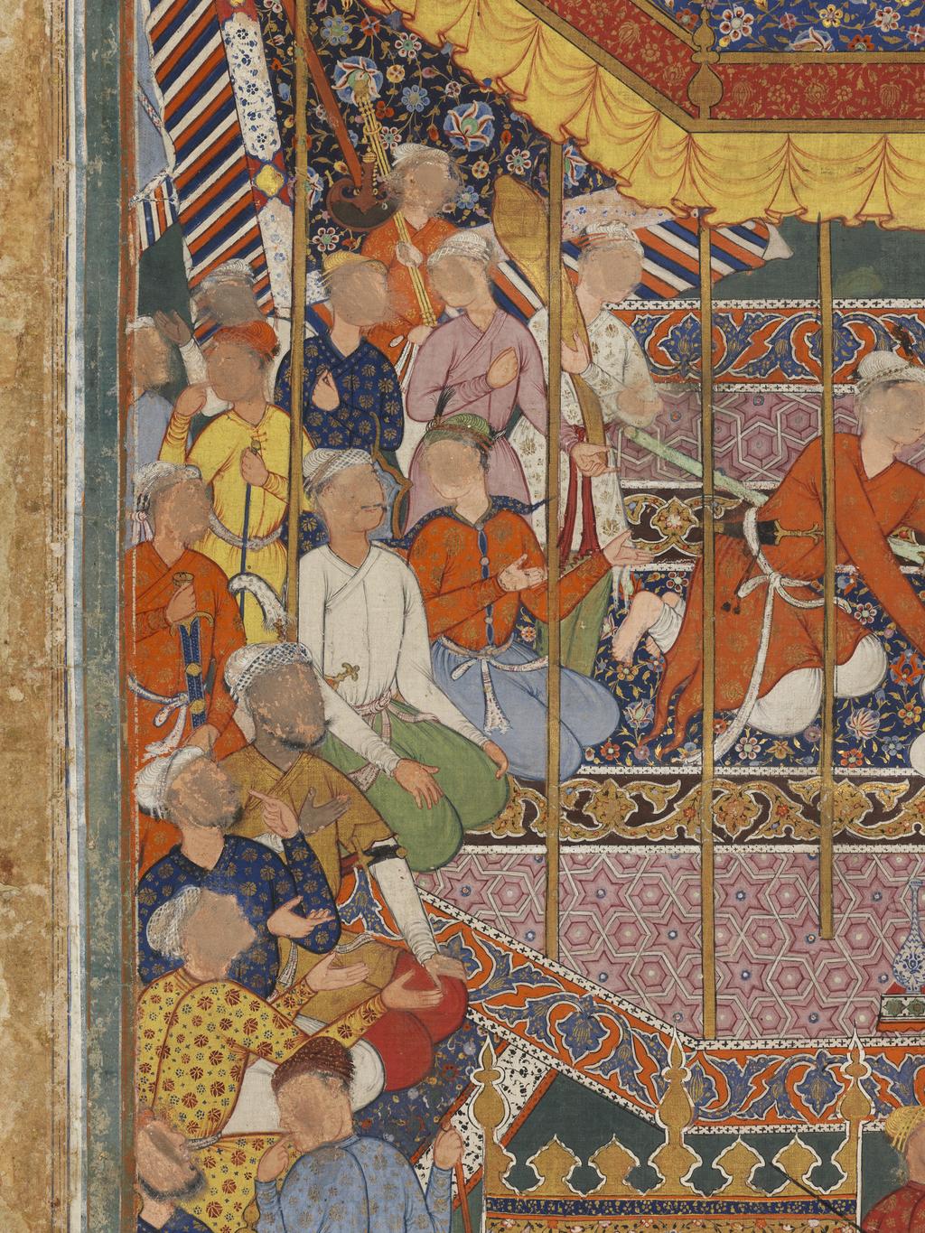 An image of Miniature. Illustration from the Hamza Nama. Two young men seated together in a pavilion, each with numerous attendants, disputing over a scroll of writing. Verso: Calligraphy. Bodycolour and watercolour on cotton, height 675 mm, width 512 mm. Mogul School. Production Note: Formerly 'Indo-Persian, c. 1555-1579'. Notes: The Hamza Nama, a manuscript of the Dastan i-Amir Hamzah (an Islamic romance), was begun for the Emperor Humayun, and completed after his death in 1556 for his successor Akbar. It was illustrated by fifty artists working in the Imperial library first under the Persian master Mir Sayyid 'Ali, and later under a second Persian, 'Abd al-Samad. Other illustrations from this very large work are known as follows: 61 in the Museum für Kunst und Industrie, Vienna 25 in the Victoria and Albert Museum 5 in the British Museum 17 in various collections in the USA For further notes see the filing box. Acquisition Credit: National Art Collections Fund.