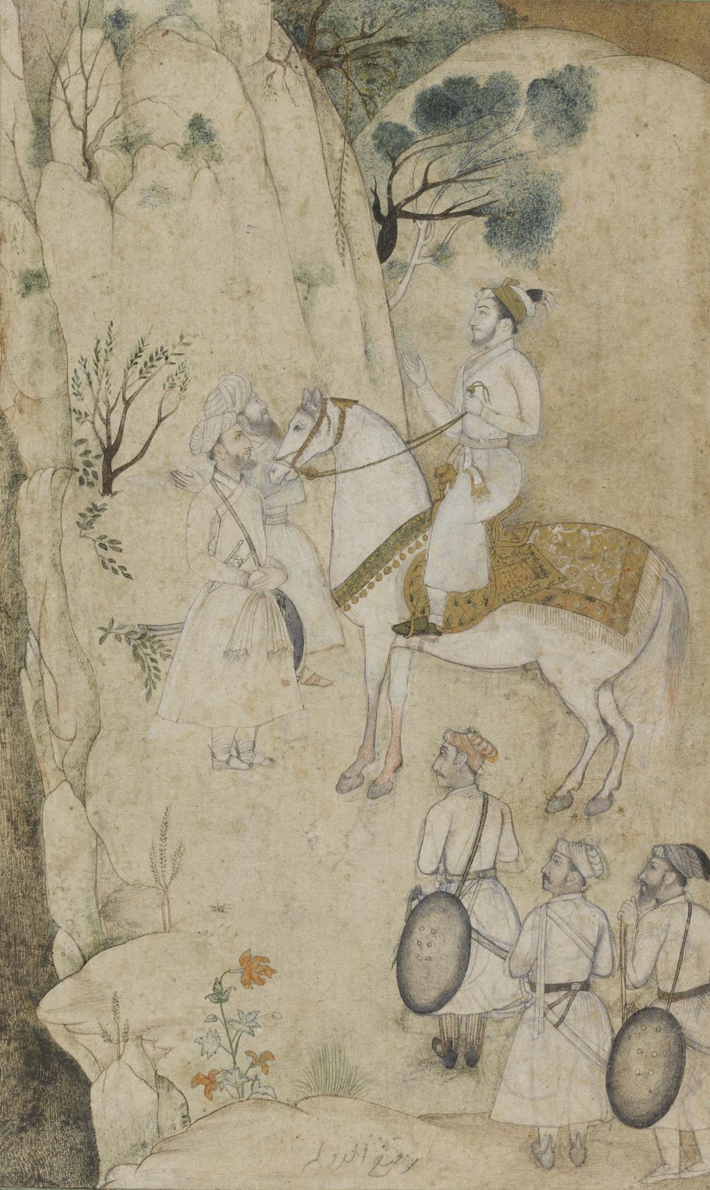 An image of A Prince on Horseback, with Five Attendants, Regarding a Waterfall. Unknown, Mogul School. Watercolour with pen and ink, graphite and gold on laid paper, laid down, height 197 mm, width 120 mm.