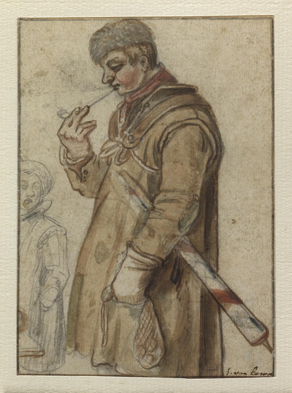 An image of A barber smoking a pipe. Avercamp, Hendrick (Dutch, 1585-1634). Pen and brown ink with watercolour over black chalk, with some bodycolour and a line of brown ink bordering it on all sides, on paper, height 100 mm, width 72 mm.