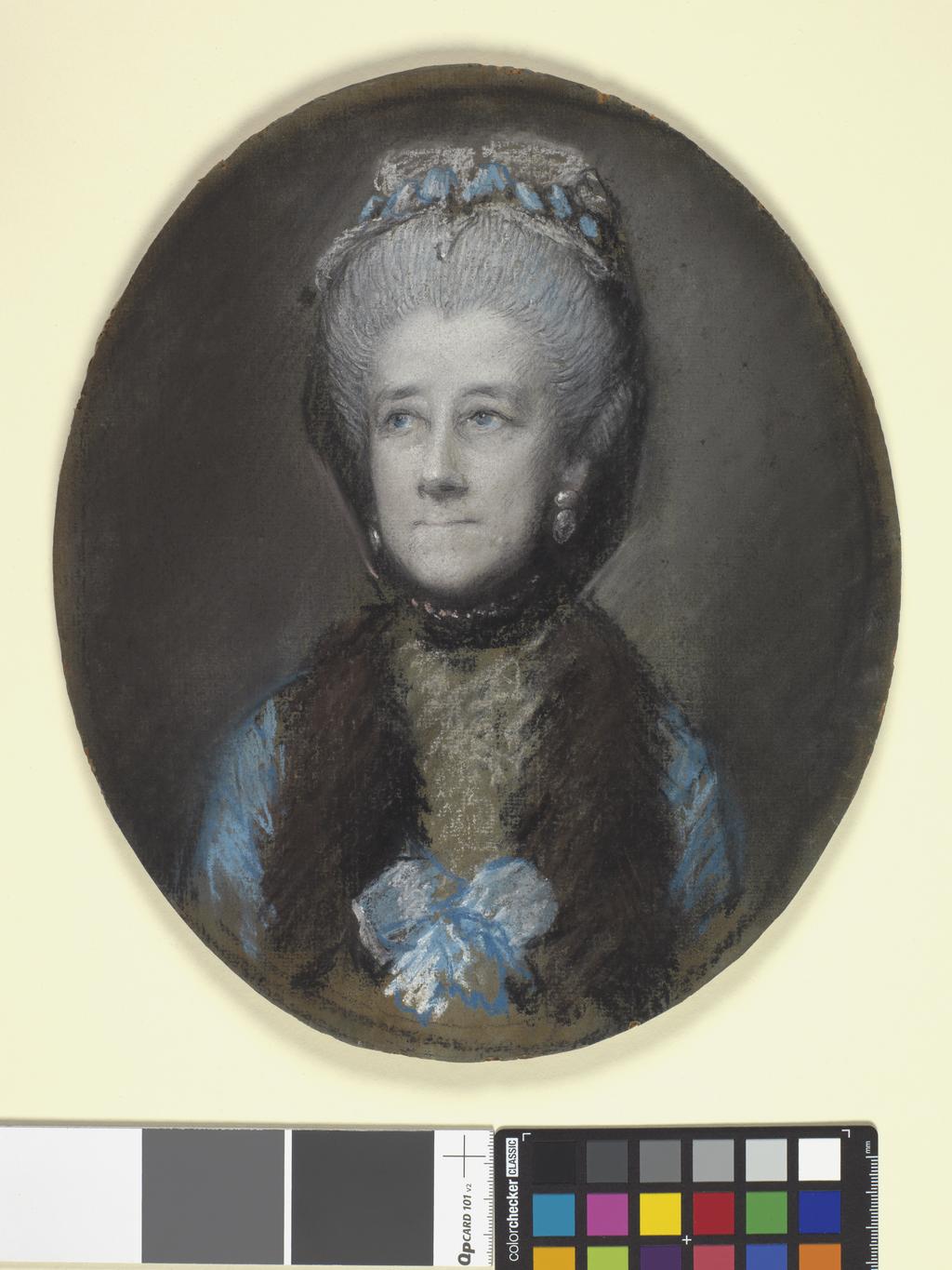 An image of Portrait of Gertrude Leveson-Gower, 4th Duchess of Bedford. Gainsborough, Thomas (British, 1727-1788). Pastel on grey paper, height 262 mm, width 224 mm, circa 1767.